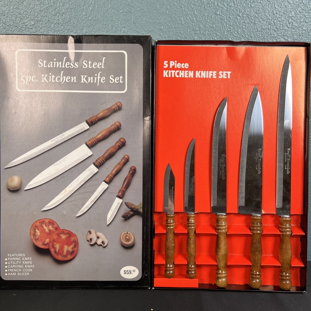 Vintage Royal Household Stainless Steel Gourmet Knife Set of 5 Wood Handle Japan